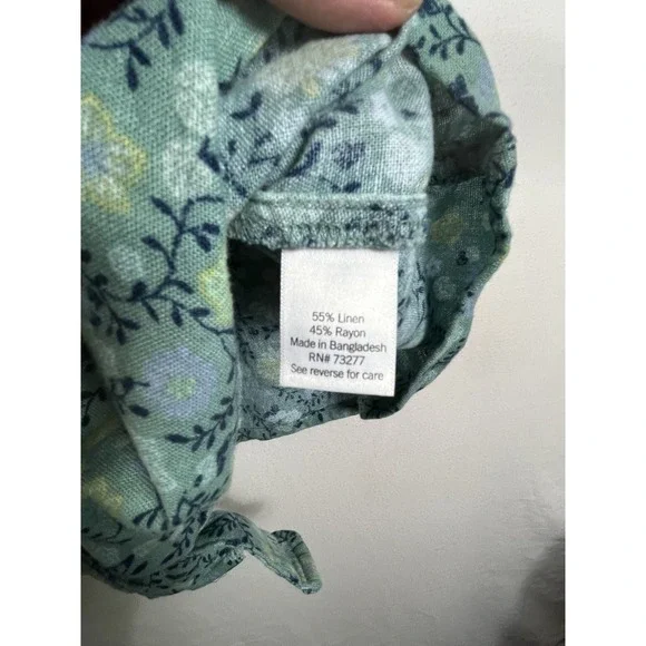 Sonoma Womens L Linen Tank Top Square Neck Tie Button Olive Blue Floral Boho - Picture 4 of 8